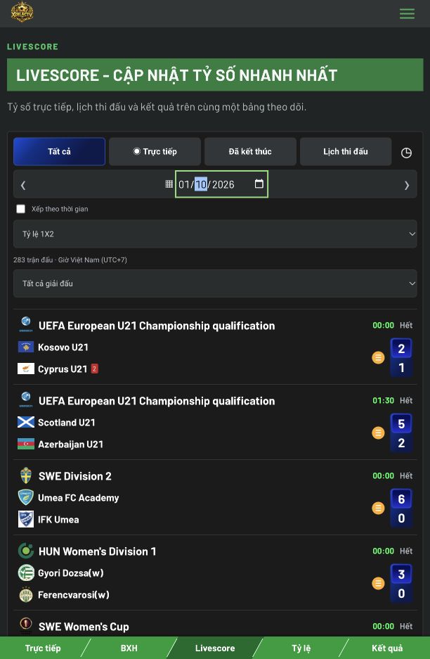 Bảng tỷ số bóng đá Livescore Xoilac ngày 01/10/2026, có logo Xoilac