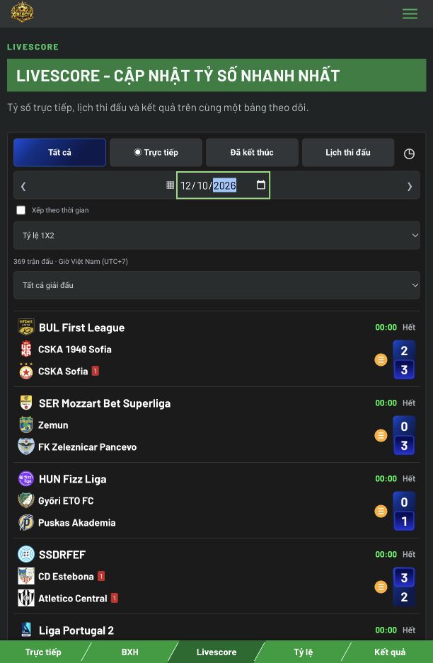 Bảng tỷ số bóng đá Livescore Xoilac ngày 12/10/2026, có logo Xoilac
